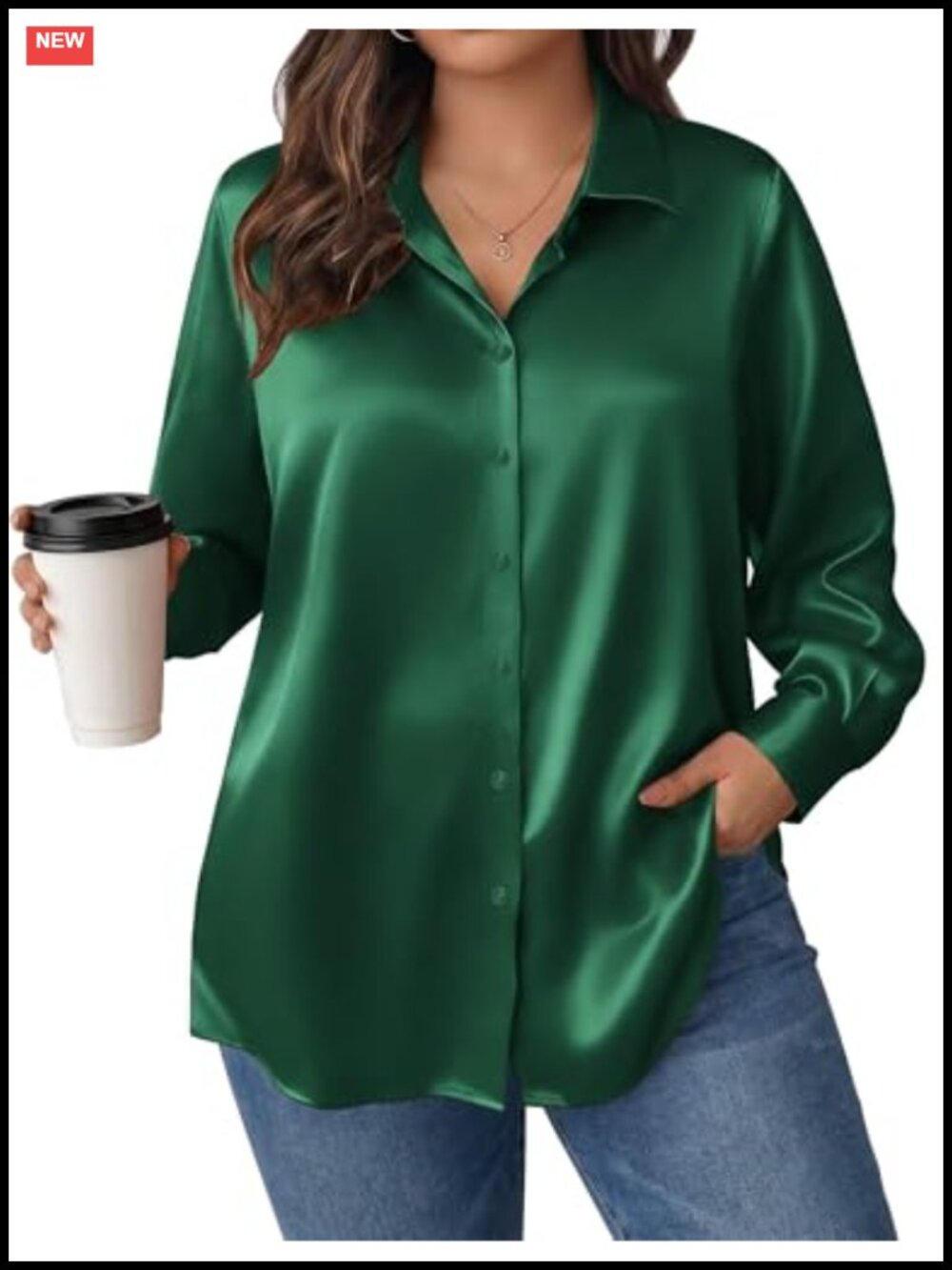 Women's Plus Size Satin Button Down Blouse Long Sleeve V-Neck Silk Shirt